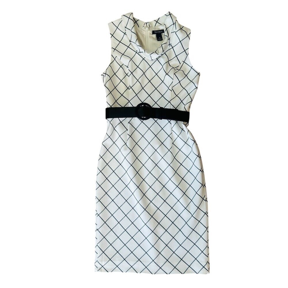 White House Black Market Dress Womens Size 6 Ivory Windowpane Sheath - Picture 7 of 8